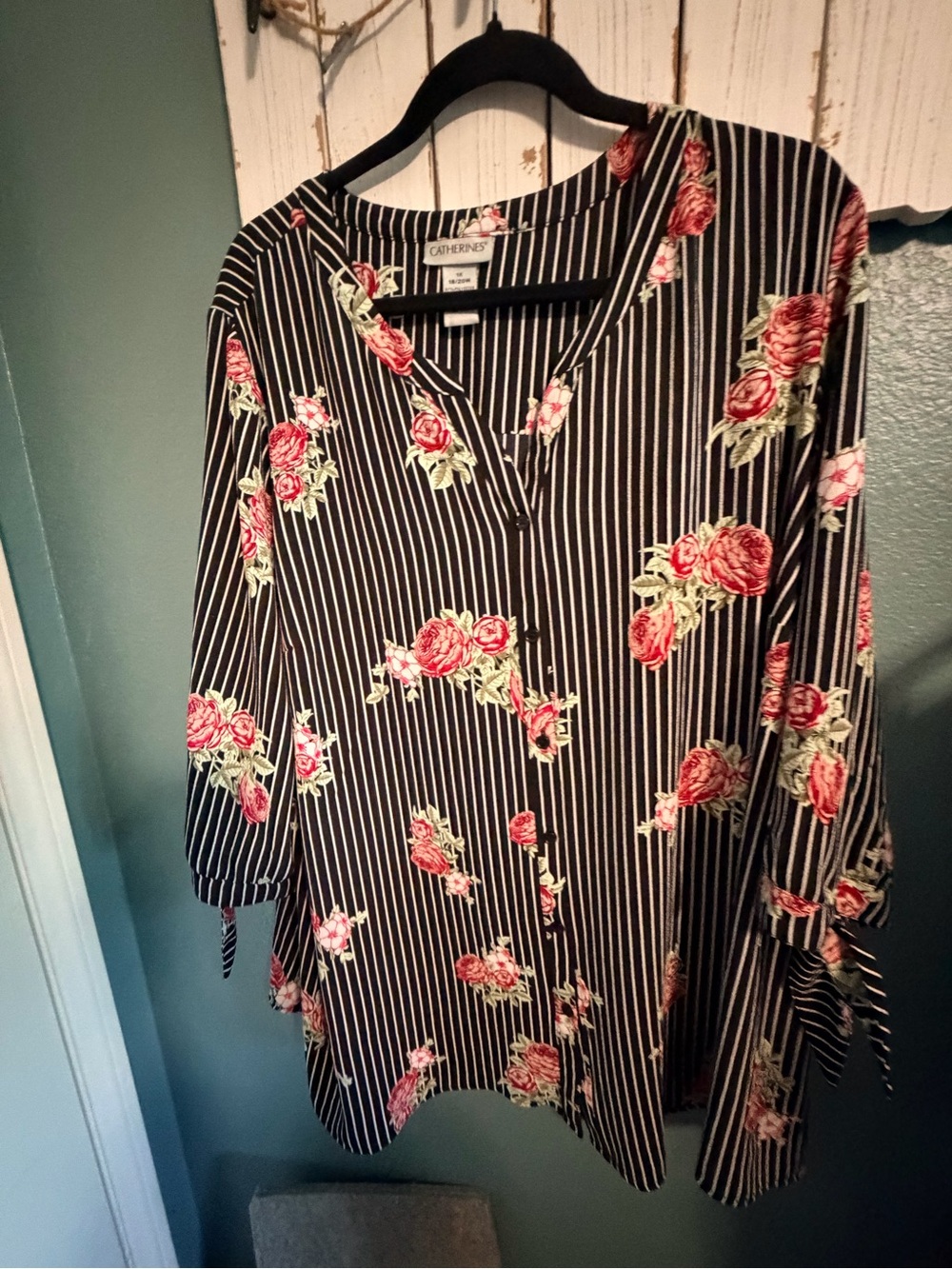 Catherines Black Pinstripe Tunic with Red Rose Print - Picture 4 of 6